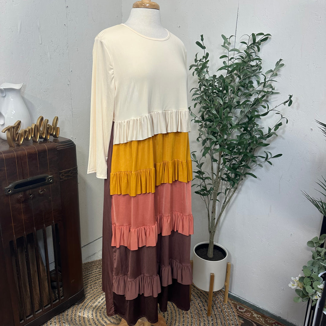 Liza Lou's Mustard Browns & Cream Tiered Colorful Dress