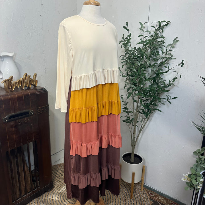 Liza Lou's Mustard Browns & Cream Tiered Colorful Dress