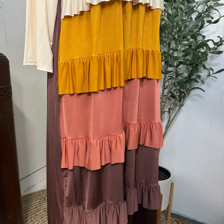 Liza Lou's Mustard Browns & Cream Tiered Colorful Dress