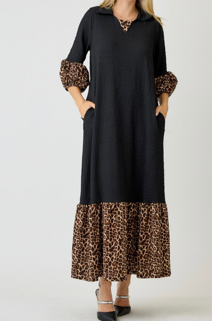 Amita Elegant Black Textured Contrast Animal Print Dress