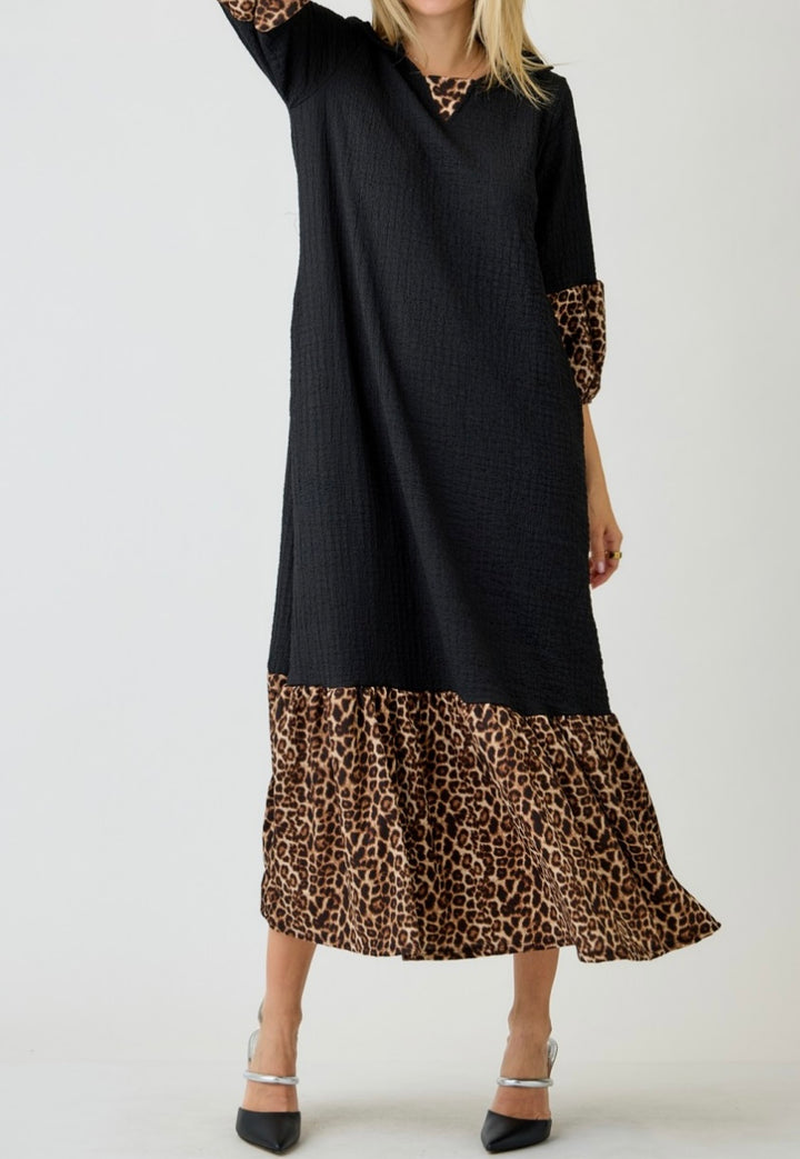 Amita Elegant Black Textured Contrast Animal Print Dress