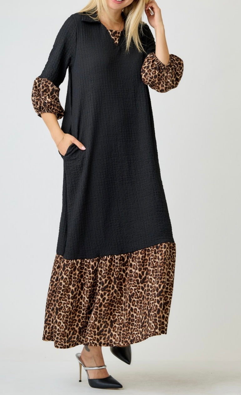 Amita Elegant Black Textured Contrast Animal Print Dress