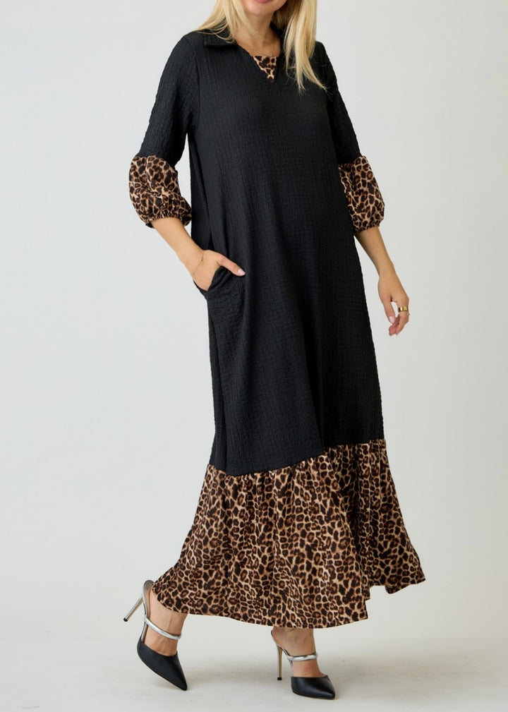 Amita Elegant Black Textured Contrast Animal Print Dress