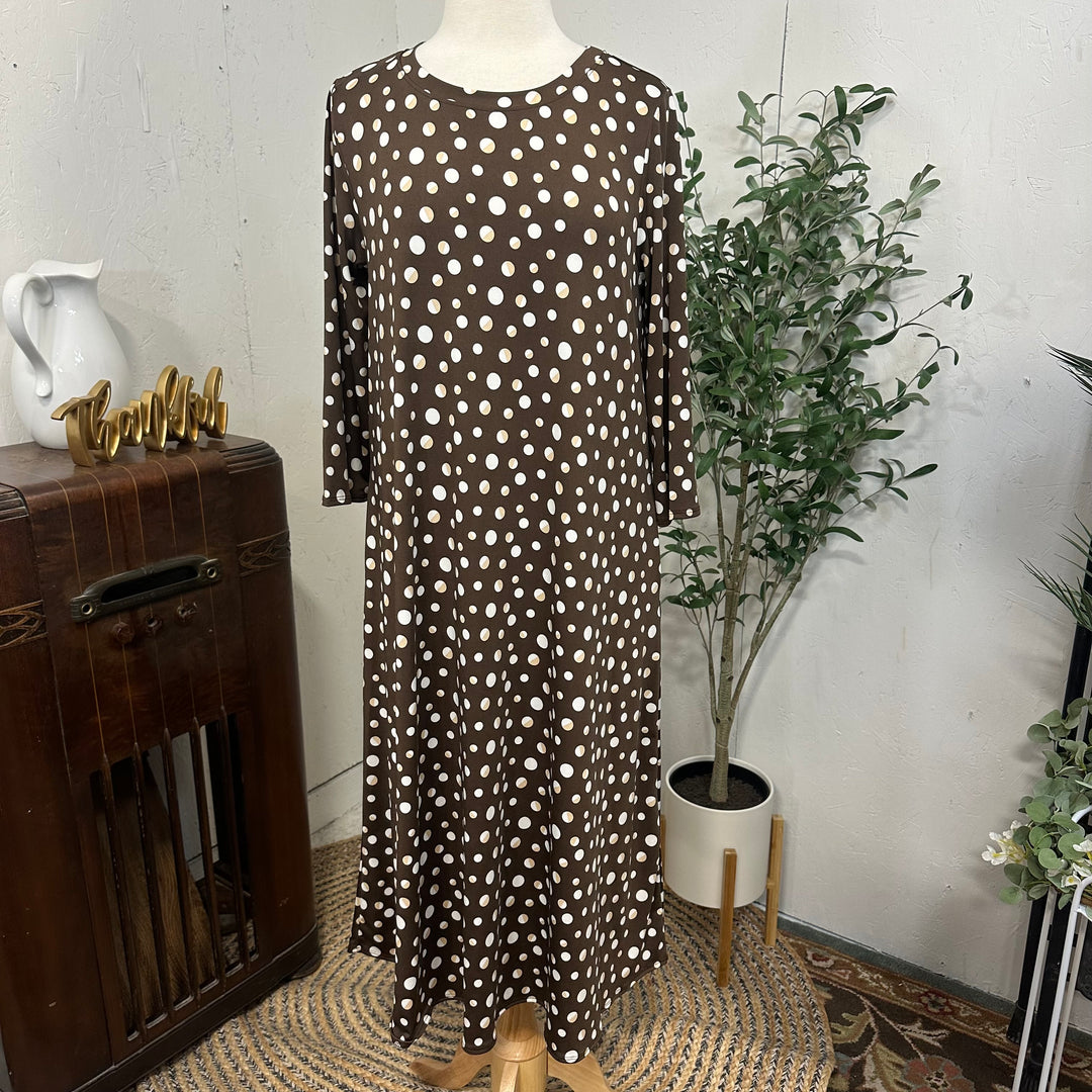 Liza Lou's Vivian Modest Brown Dress with Tan/White Polka Dots