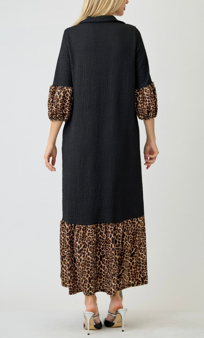 Amita Elegant Black Textured Contrast Animal Print Dress
