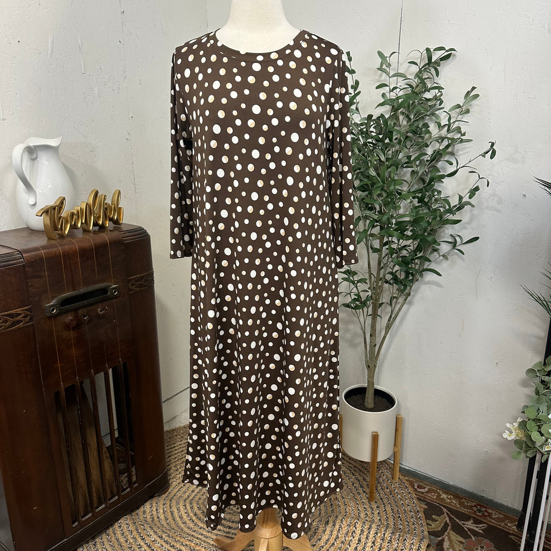 Liza Lou's Vivian Modest Brown Dress with Tan/White Polka Dots
