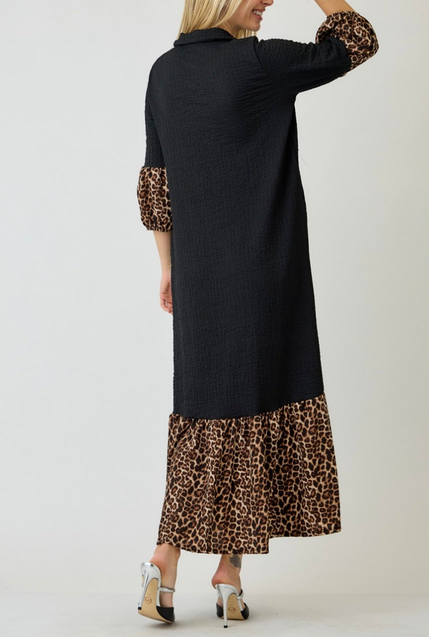 Amita Elegant Black Textured Contrast Animal Print Dress