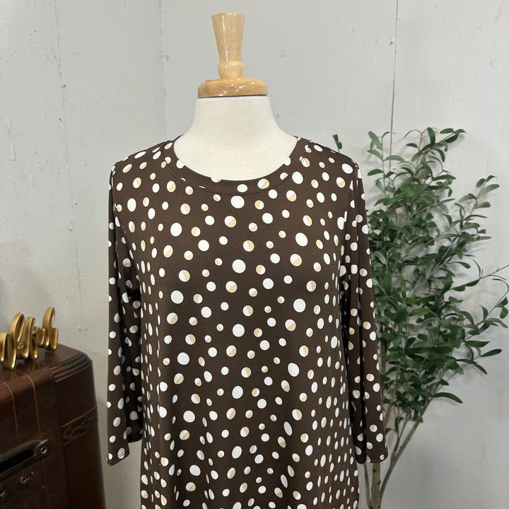Liza Lou's Vivian Modest Brown Dress with Tan/White Polka Dots