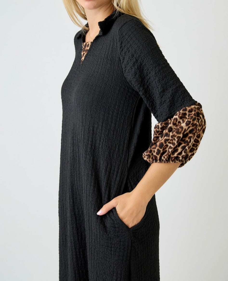 Amita Elegant Black Textured Contrast Animal Print Dress