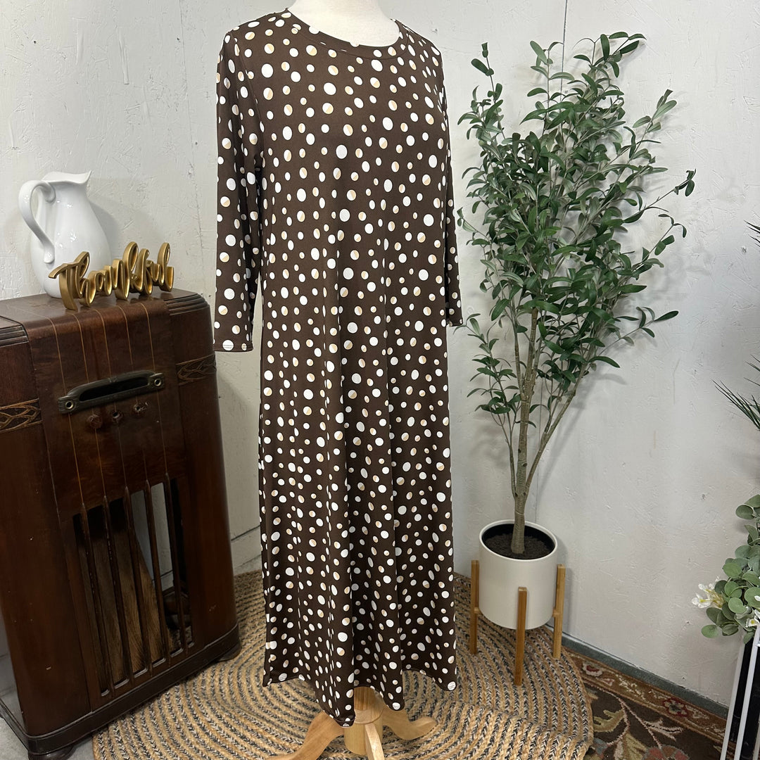 Liza Lou's Vivian Modest Brown Dress with Tan/White Polka Dots