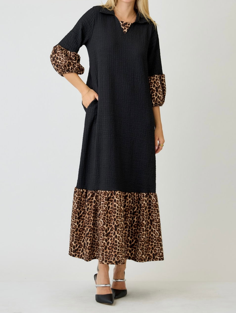 Amita Elegant Black Textured Contrast Animal Print Dress