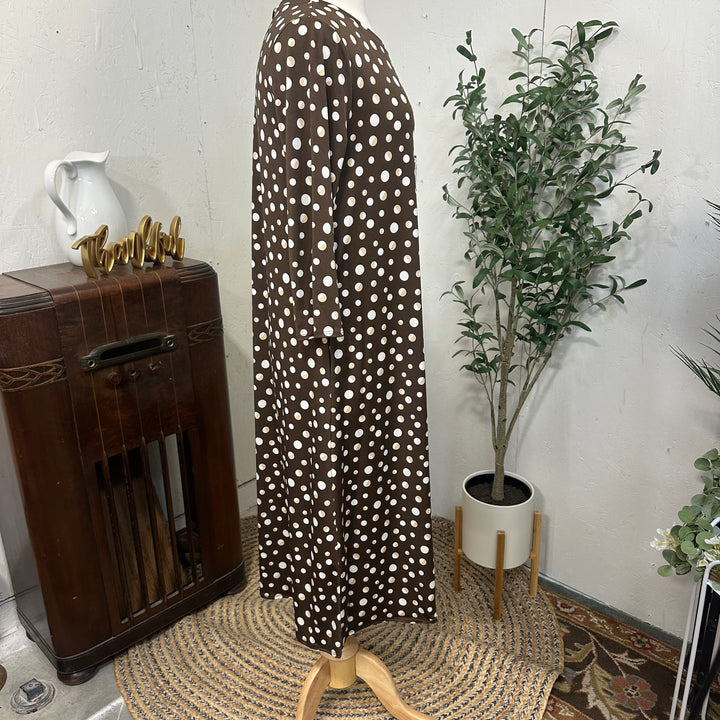 Liza Lou's Vivian Modest Brown Dress with Tan/White Polka Dots