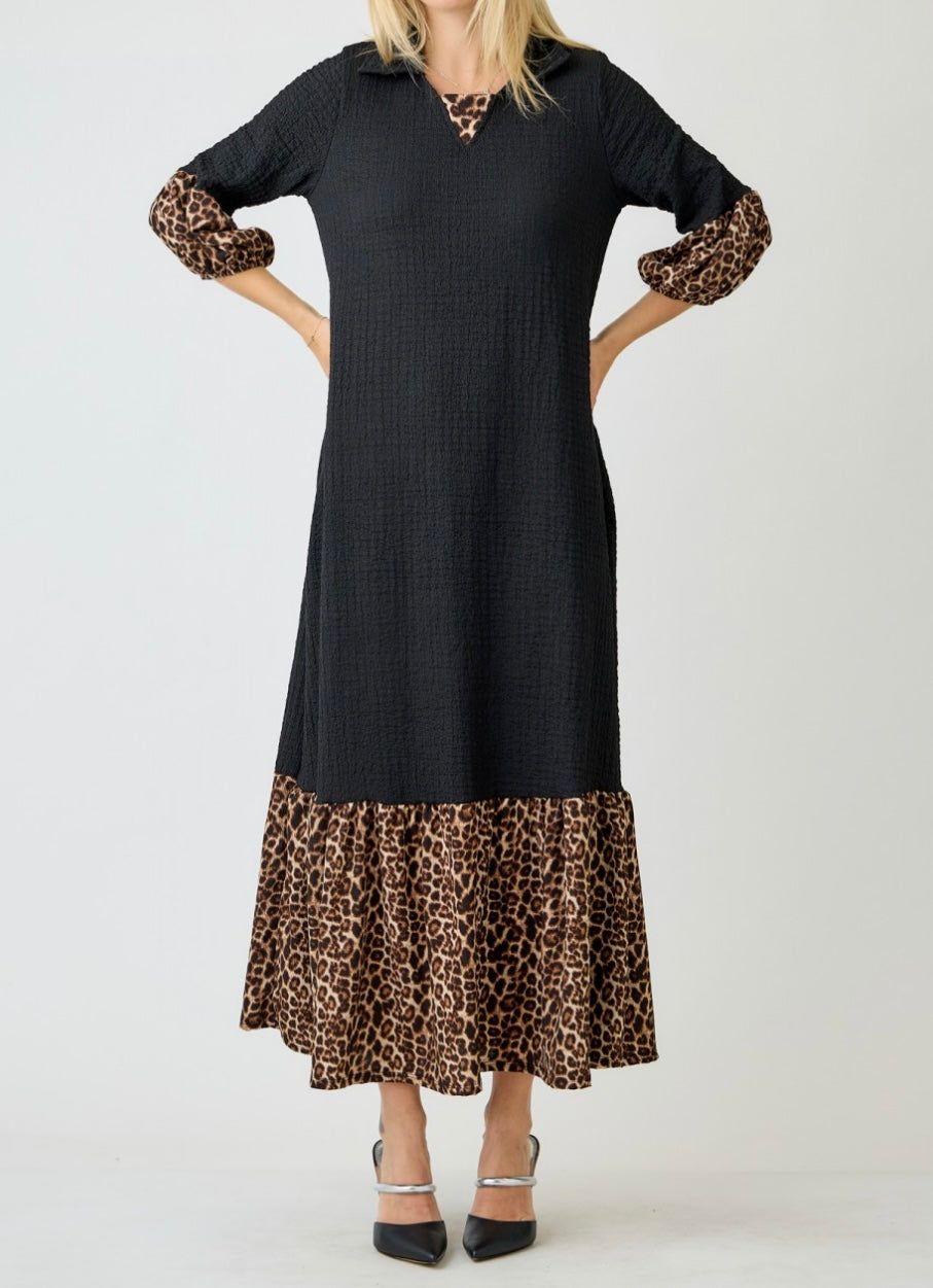 Amita Elegant Black Textured Contrast Animal Print Dress