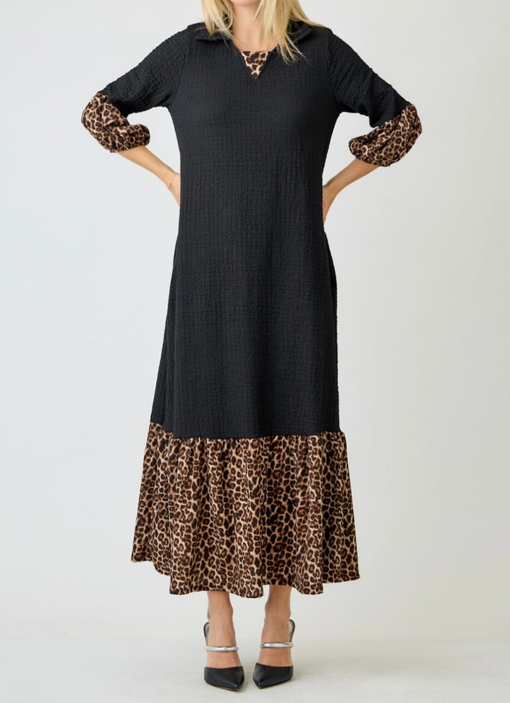 Amita Elegant Black Textured Contrast Animal Print Dress