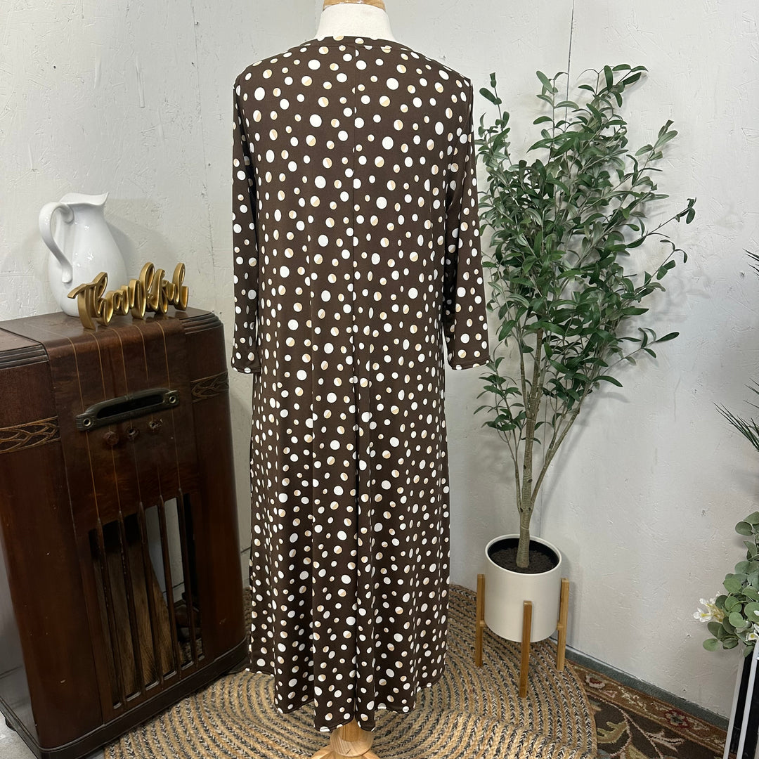 Liza Lou's Vivian Modest Brown Dress with Tan/White Polka Dots