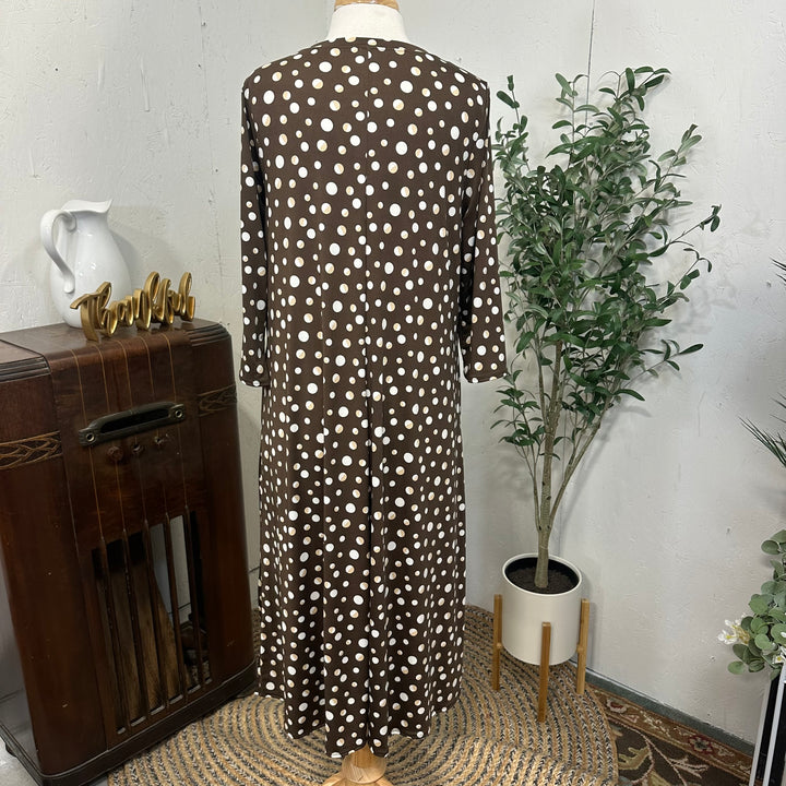 Liza Lou's Vivian Modest Brown Dress with Tan/White Polka Dots