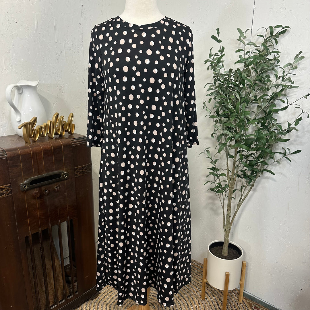 Liza Lou's Vivian Black Modest Dress with Tan/White Polka Dots