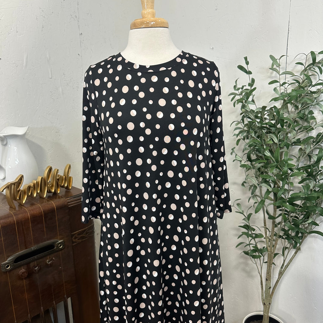 Liza Lou's Vivian Black Modest Dress with Tan/White Polka Dots