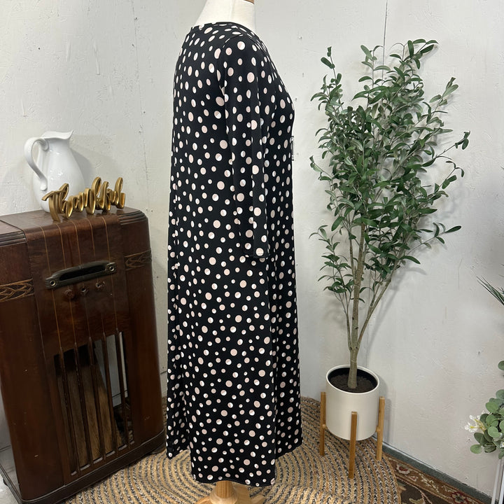 Liza Lou's Vivian Black Modest Dress with Tan/White Polka Dots