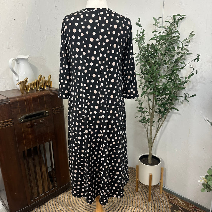 Liza Lou's Vivian Black Modest Dress with Tan/White Polka Dots