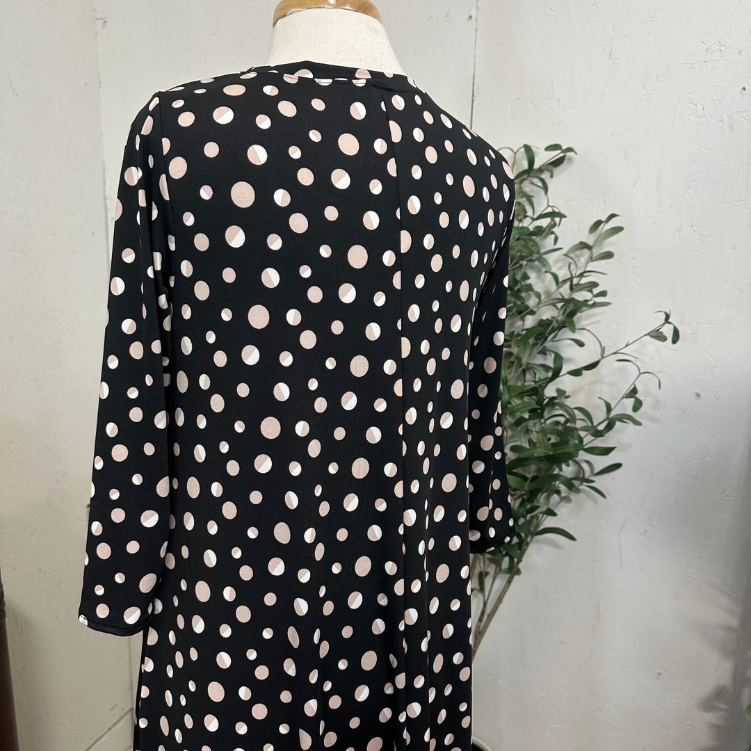Liza Lou's Vivian Black Modest Dress with Tan/White Polka Dots