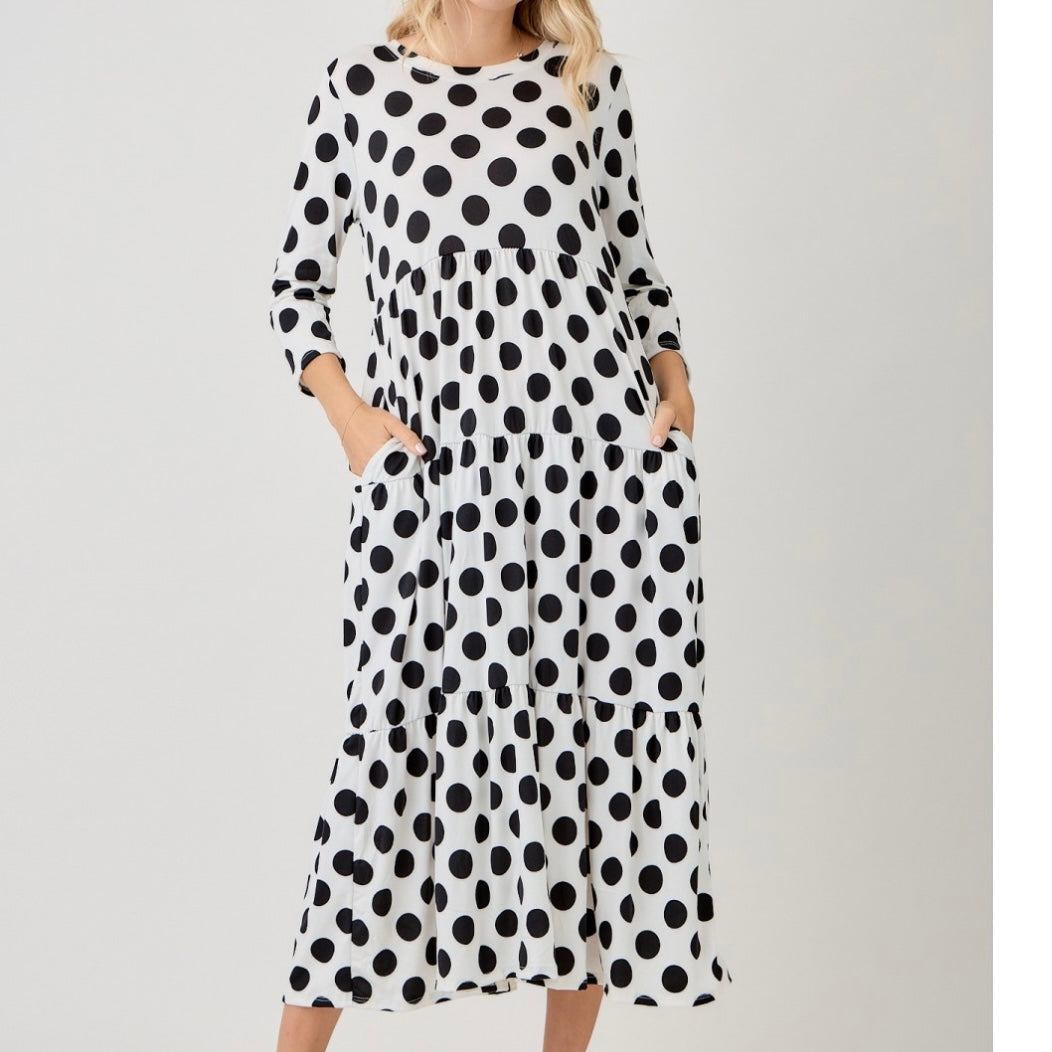 Modest Black Polka Dot Tiered Modest Dress