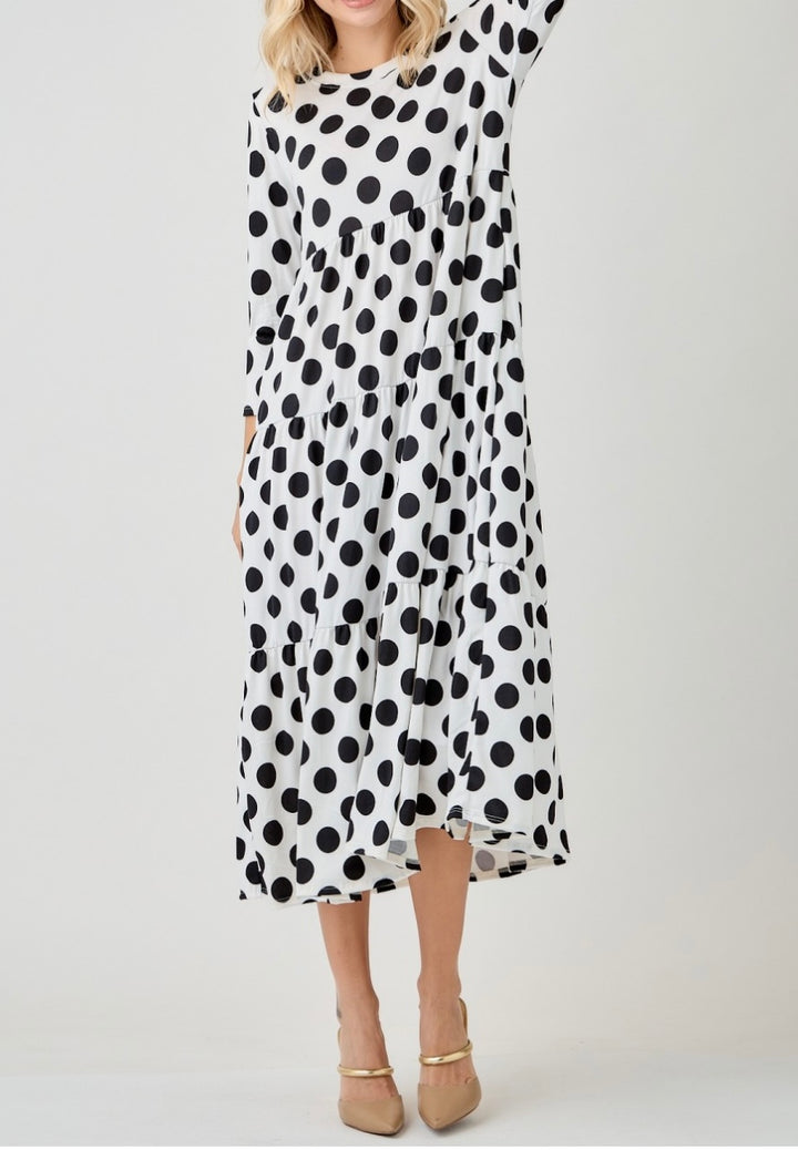 Modest Black Polka Dot Tiered Modest Dress