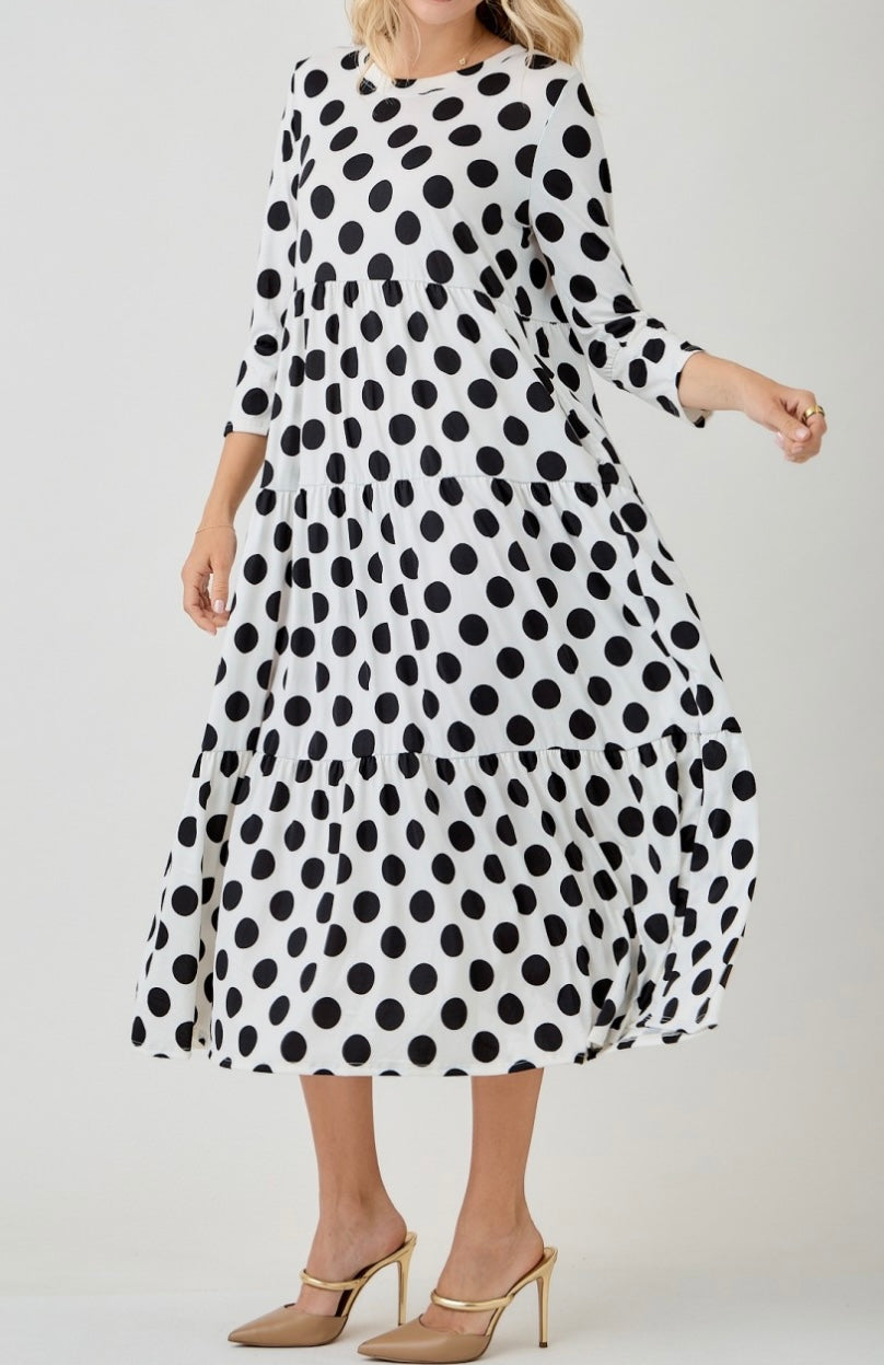 Modest Black Polka Dot Tiered Modest Dress