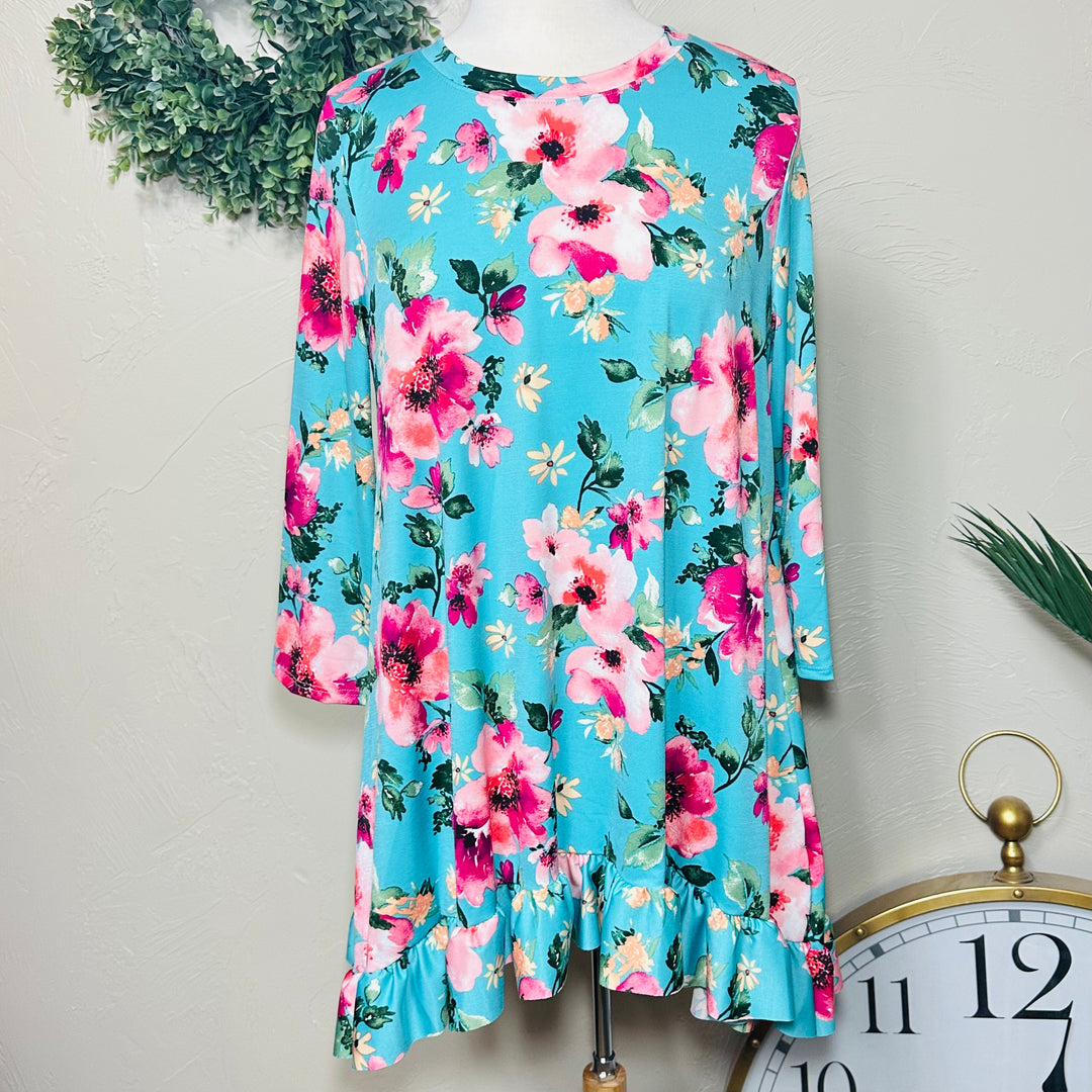 Liza Lou's Modest Turquoise Pink Floral Tunic Modest Top