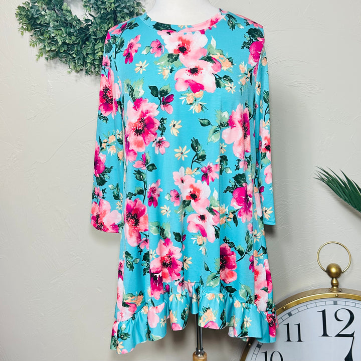Liza Lou's Modest Turquoise Pink Floral Tunic Modest Top