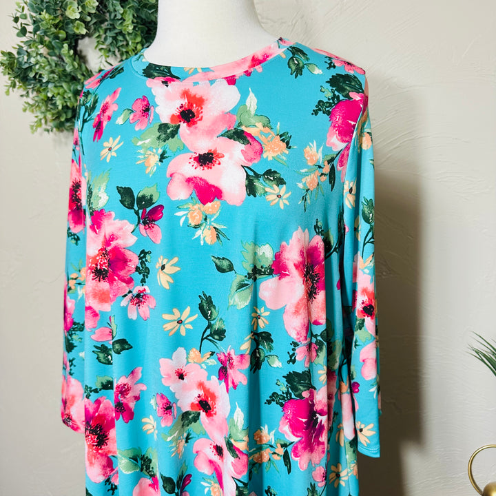 Liza Lou's Modest Turquoise Pink Floral Tunic Modest Top