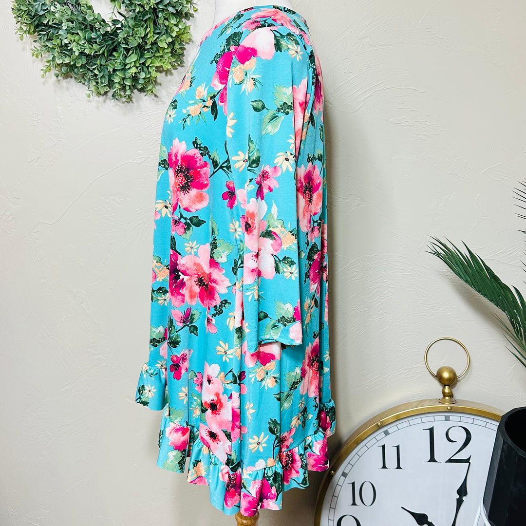 Liza Lou's Modest Turquoise Pink Floral Tunic Modest Top