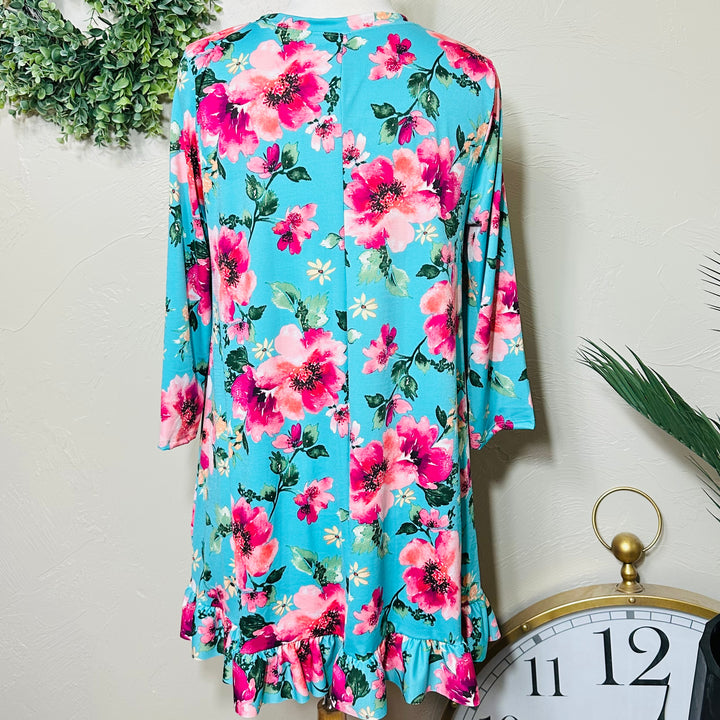 Liza Lou's Modest Turquoise Pink Floral Tunic Modest Top