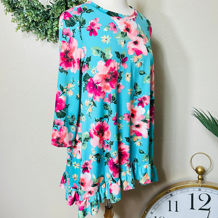 Liza Lou's Modest Turquoise Pink Floral Tunic Modest Top