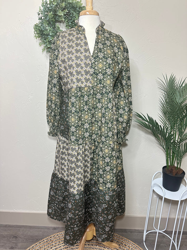 Liza Lou's Harper Olive Mixed Print Tiered Modest Dress