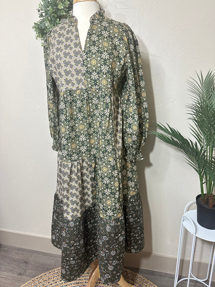 Liza Lou's Harper Olive Mixed Print Tiered Modest Dress