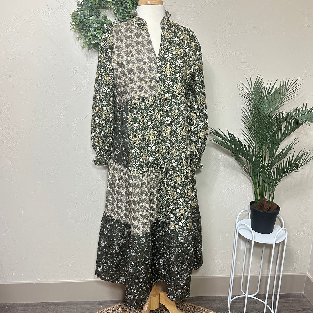 Liza Lou's Harper Olive Mixed Print Tiered Modest Dress