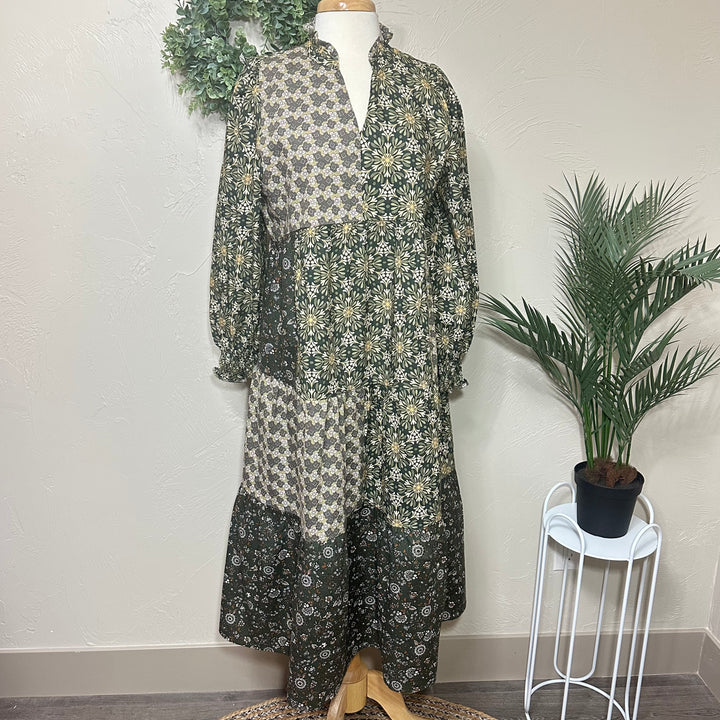 Liza Lou's Harper Olive Mixed Print Tiered Modest Dress