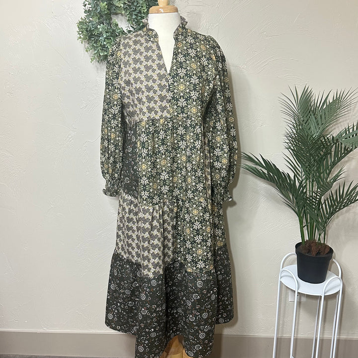 Liza Lou's Harper Olive Mixed Print Tiered Modest Dress