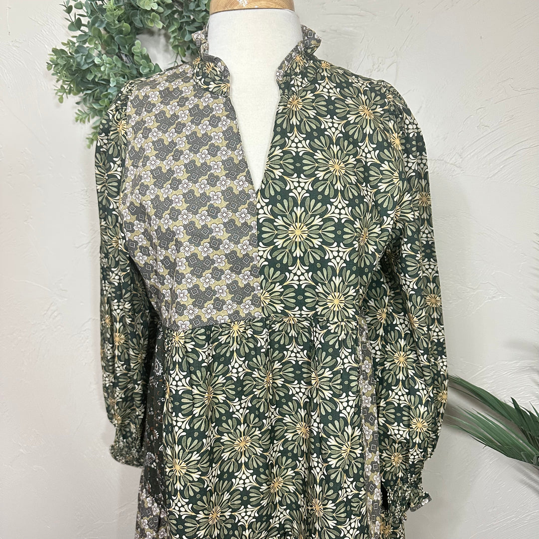 Liza Lou's Harper Olive Mixed Print Tiered Modest Dress