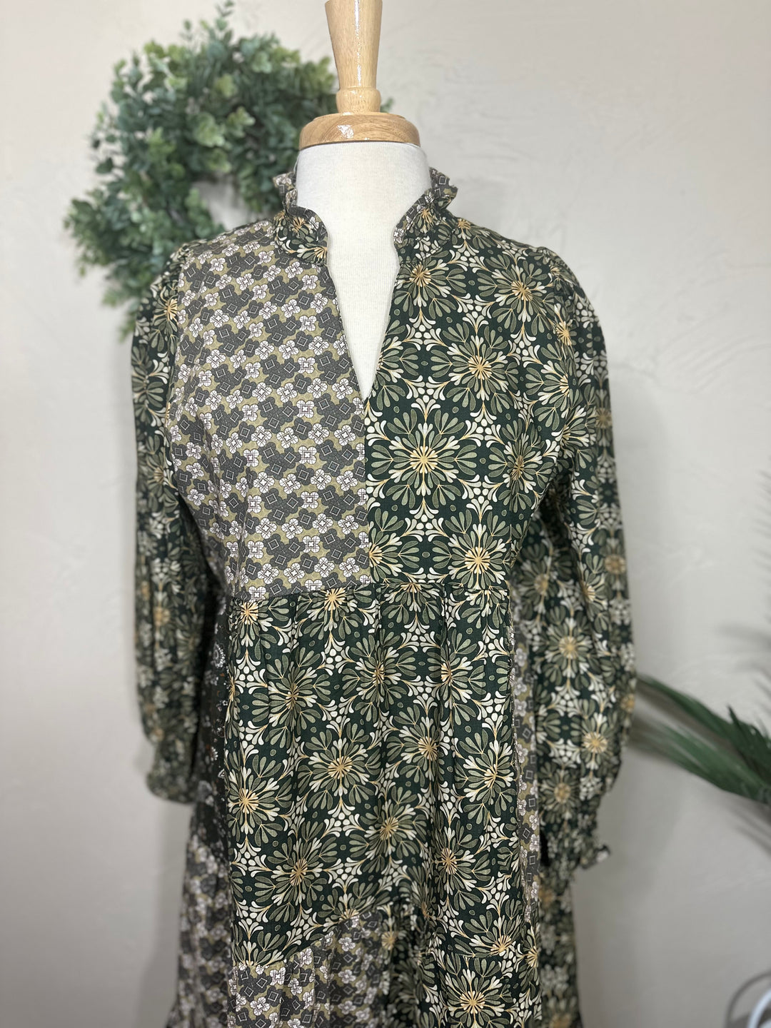 Liza Lou's Harper Olive Mixed Print Tiered Modest Dress