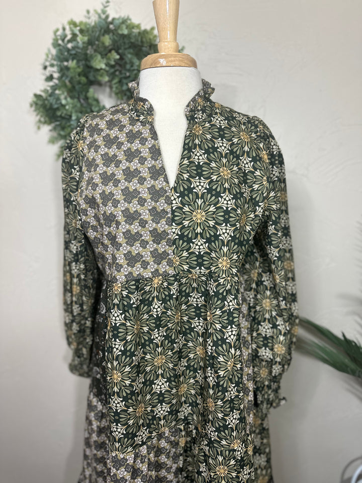 Liza Lou's Harper Olive Mixed Print Tiered Modest Dress