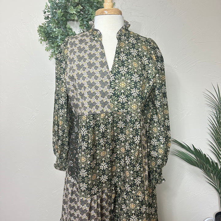 Liza Lou's Harper Olive Mixed Print Tiered Modest Dress