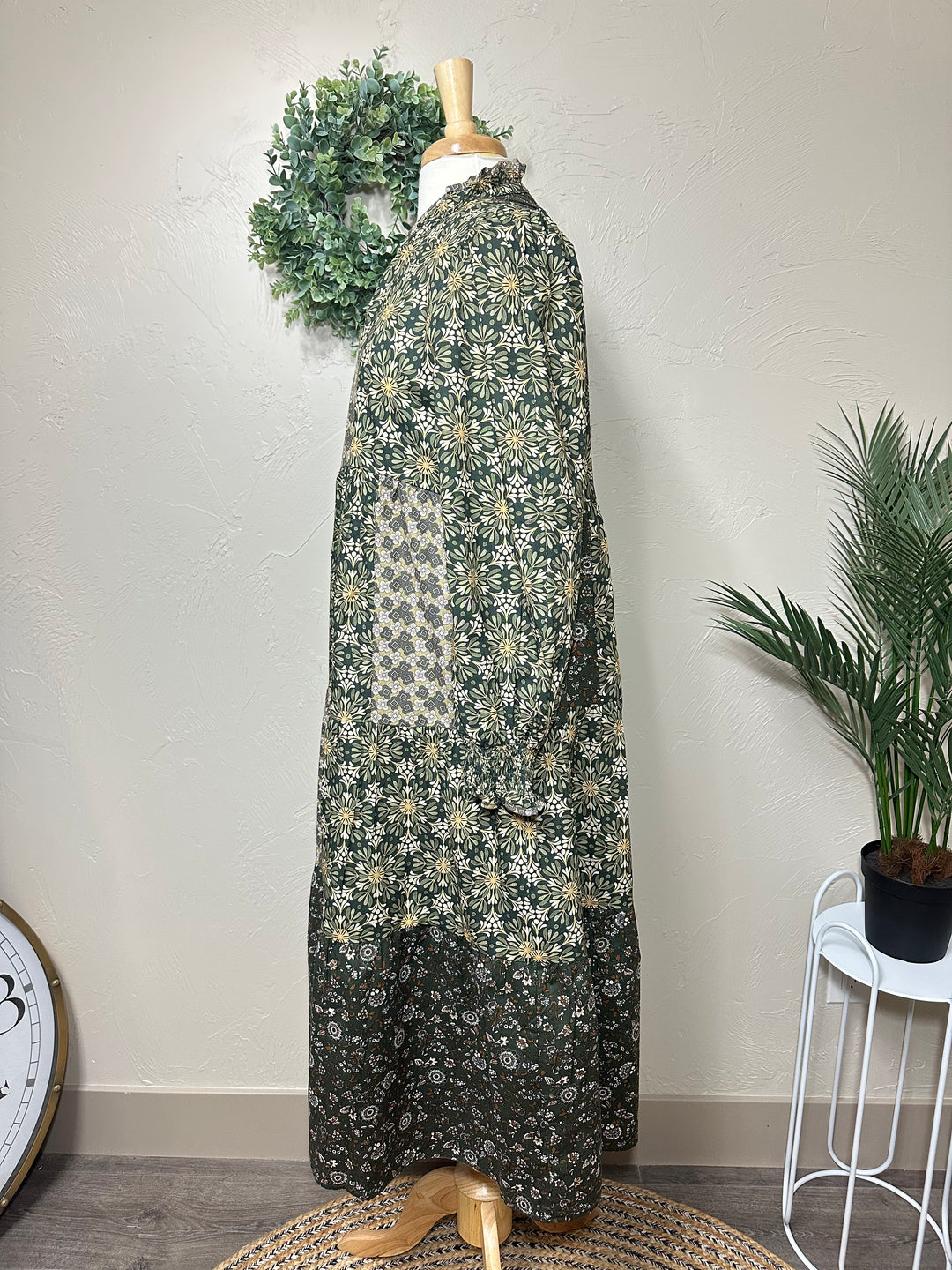 Liza Lou's Harper Olive Mixed Print Tiered Modest Dress