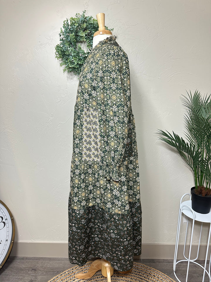 Liza Lou's Harper Olive Mixed Print Tiered Modest Dress