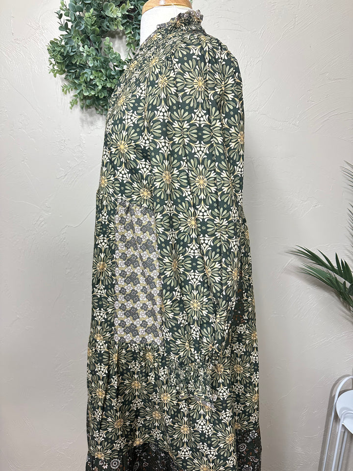 Liza Lou's Harper Olive Mixed Print Tiered Modest Dress