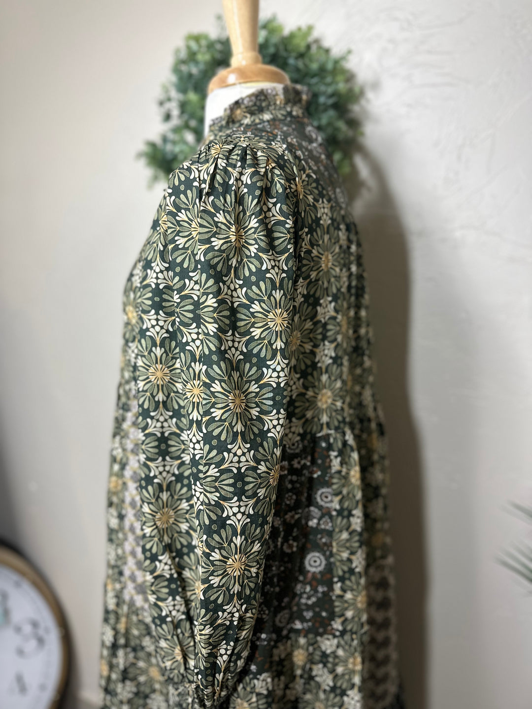 Liza Lou's Harper Olive Mixed Print Tiered Modest Dress