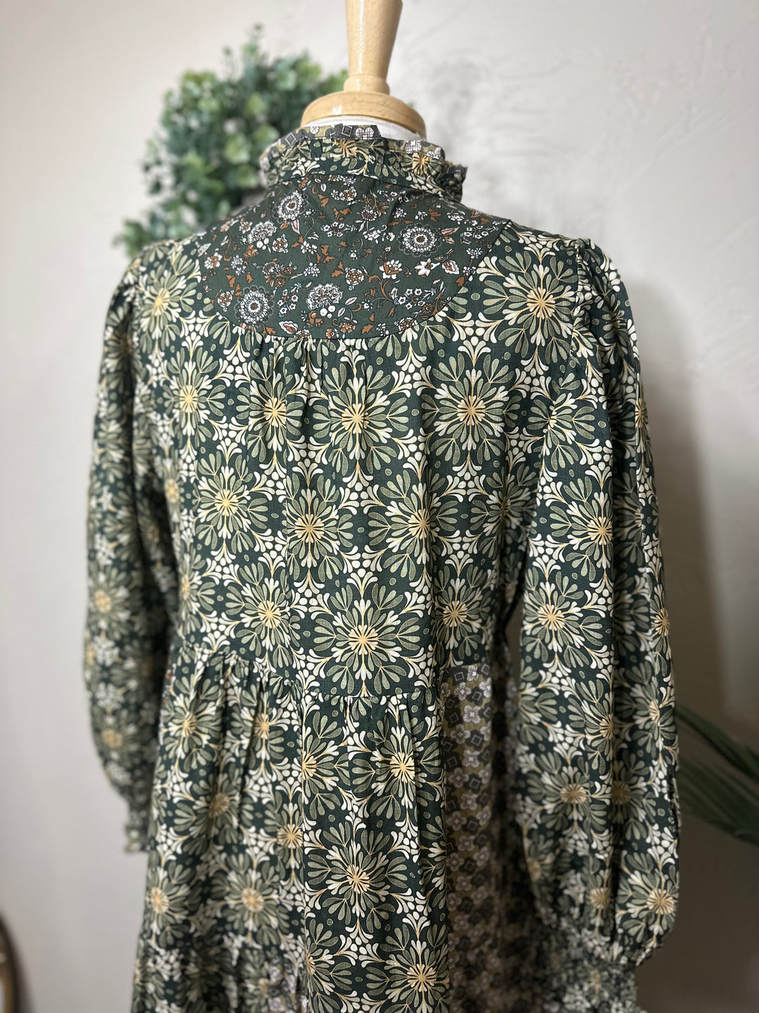 Liza Lou's Harper Olive Mixed Print Tiered Modest Dress