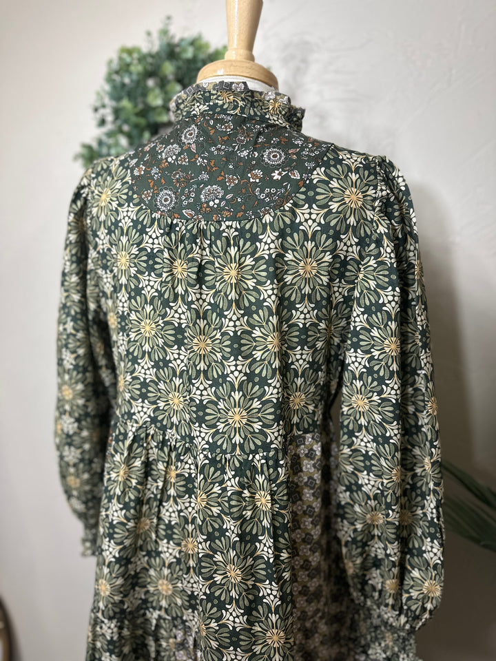 Liza Lou's Harper Olive Mixed Print Tiered Modest Dress