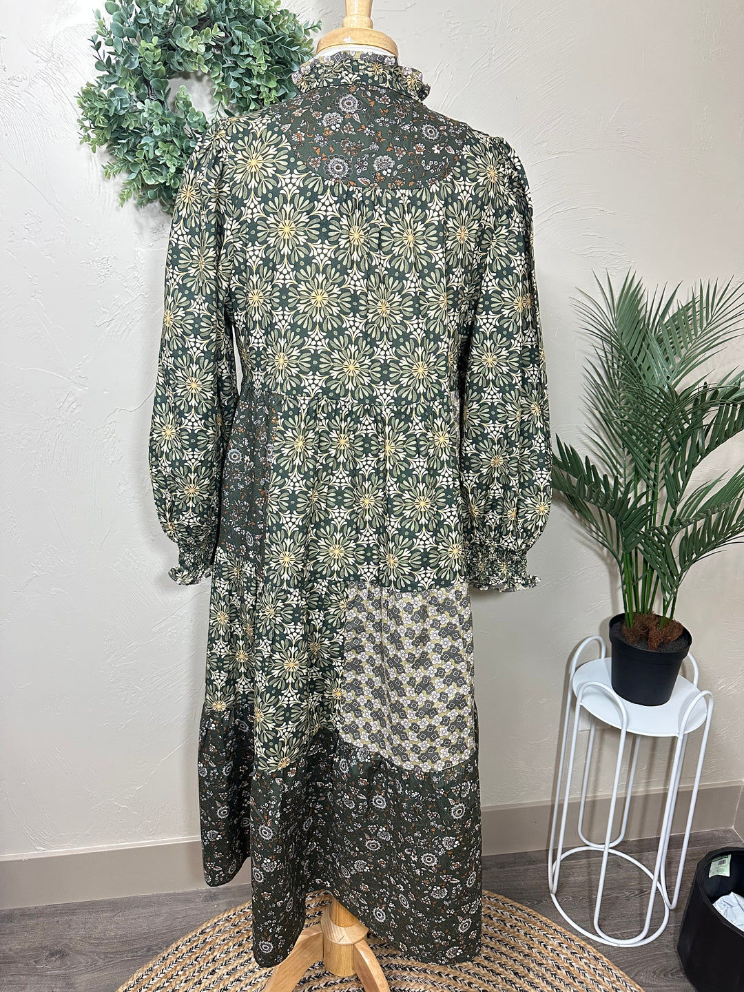 Liza Lou's Harper Olive Mixed Print Tiered Modest Dress